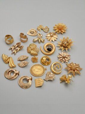 Gold Tone Brooch Lot 23 Pc Mixed Signed Monet Napier Coro Floral Swirl